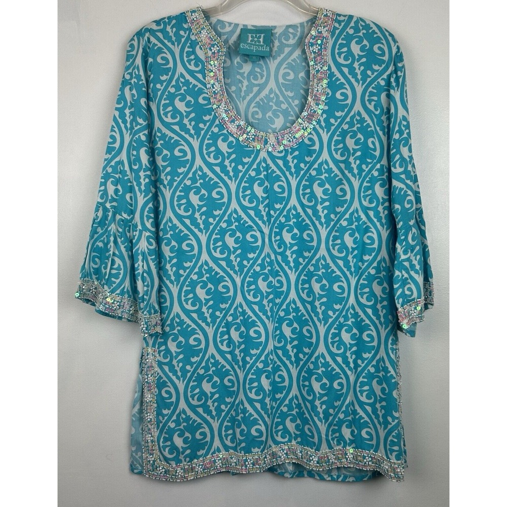Escapada Tunic Top Womens Small Peasant Boho Beaded Cruise Vacation Old Money
